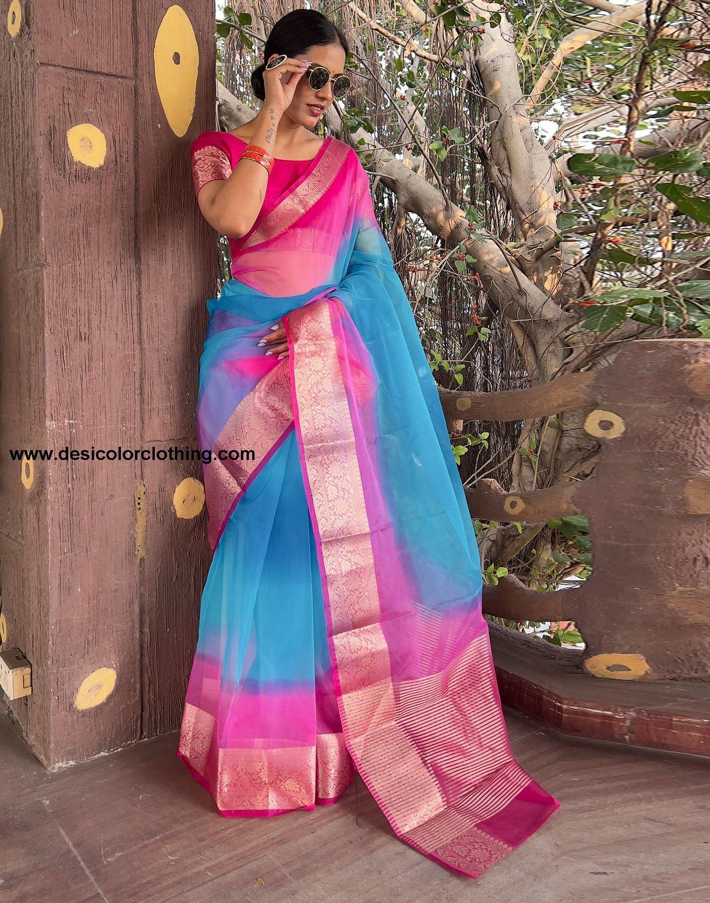 Rani Pink Plain Organza Saree