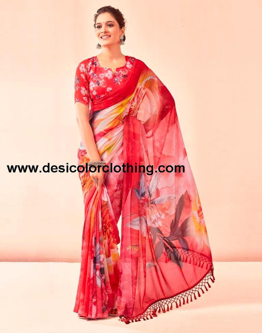 Red Georgette Printed Sarees