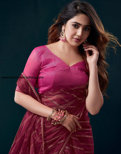 Dark Pink Chiffon Plain Saree