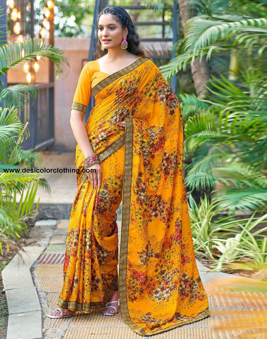 Turmeric Yellow Printed Silk Saree