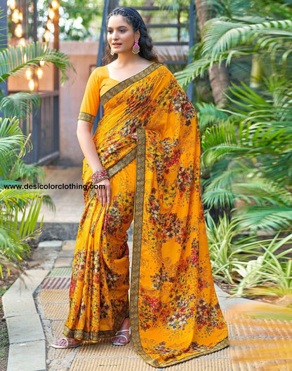 Turmeric Yellow Printed Silk Saree