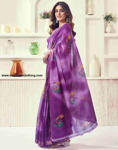 Purple Cotton Printed Saree