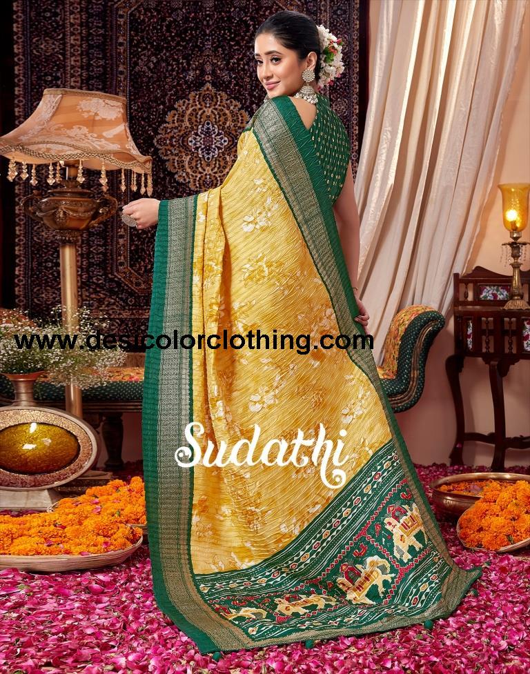 Yellow & Cream Printed Silk Saree