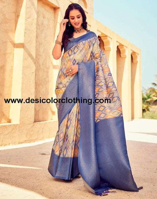 Blue Silk Printed Ready To Wear