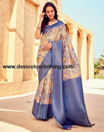 Blue Silk Printed Ready To Wear