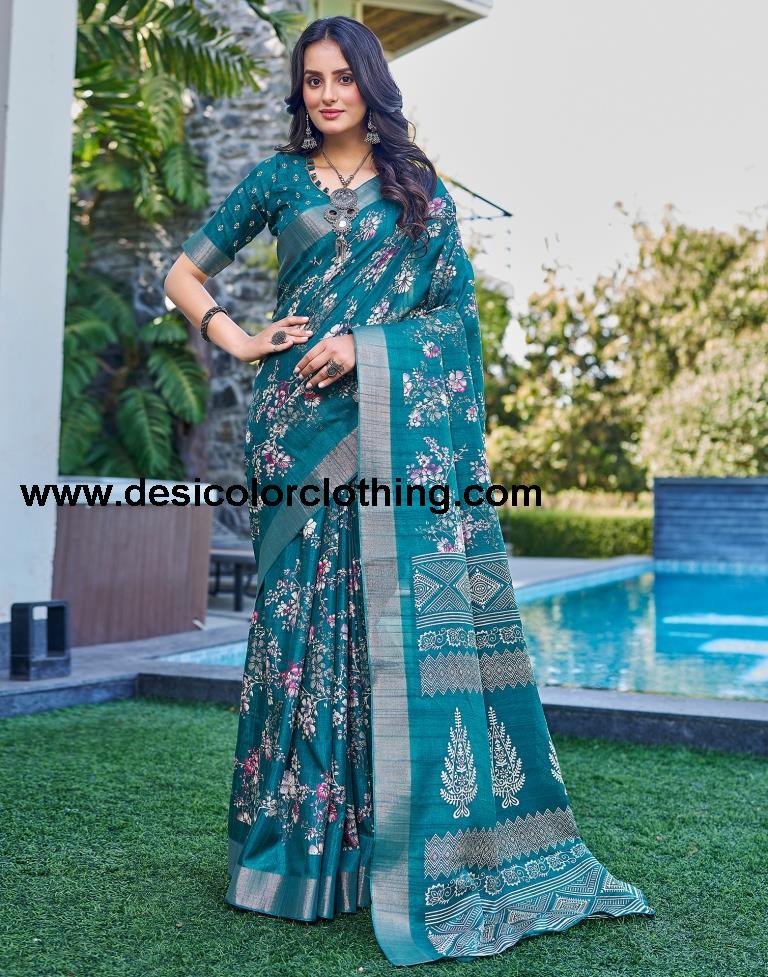 Teal Blue Silk Printed Saree