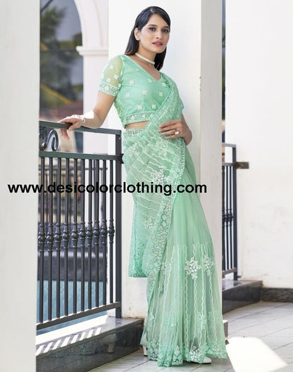 Pista Green  Plain Net Saree