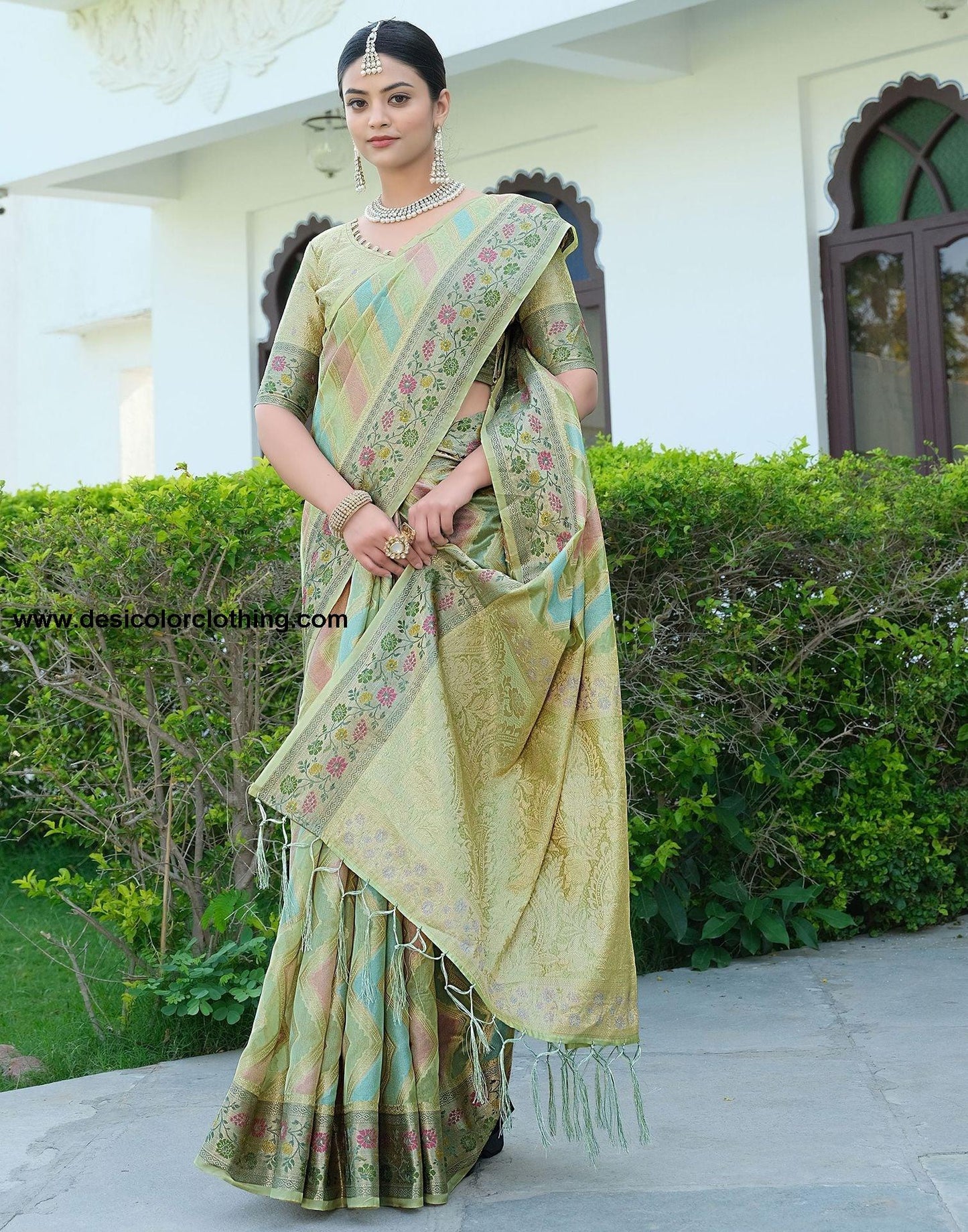 Pista Green Woven Banarasi Organza Saree