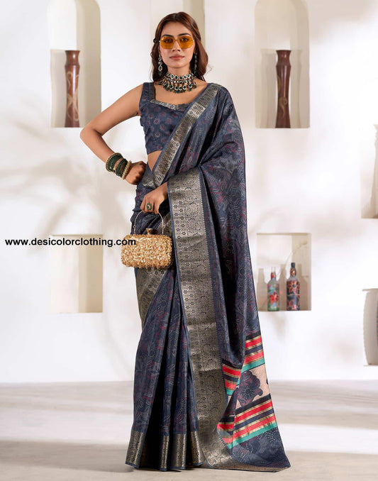 Blue Silk Printed Saree