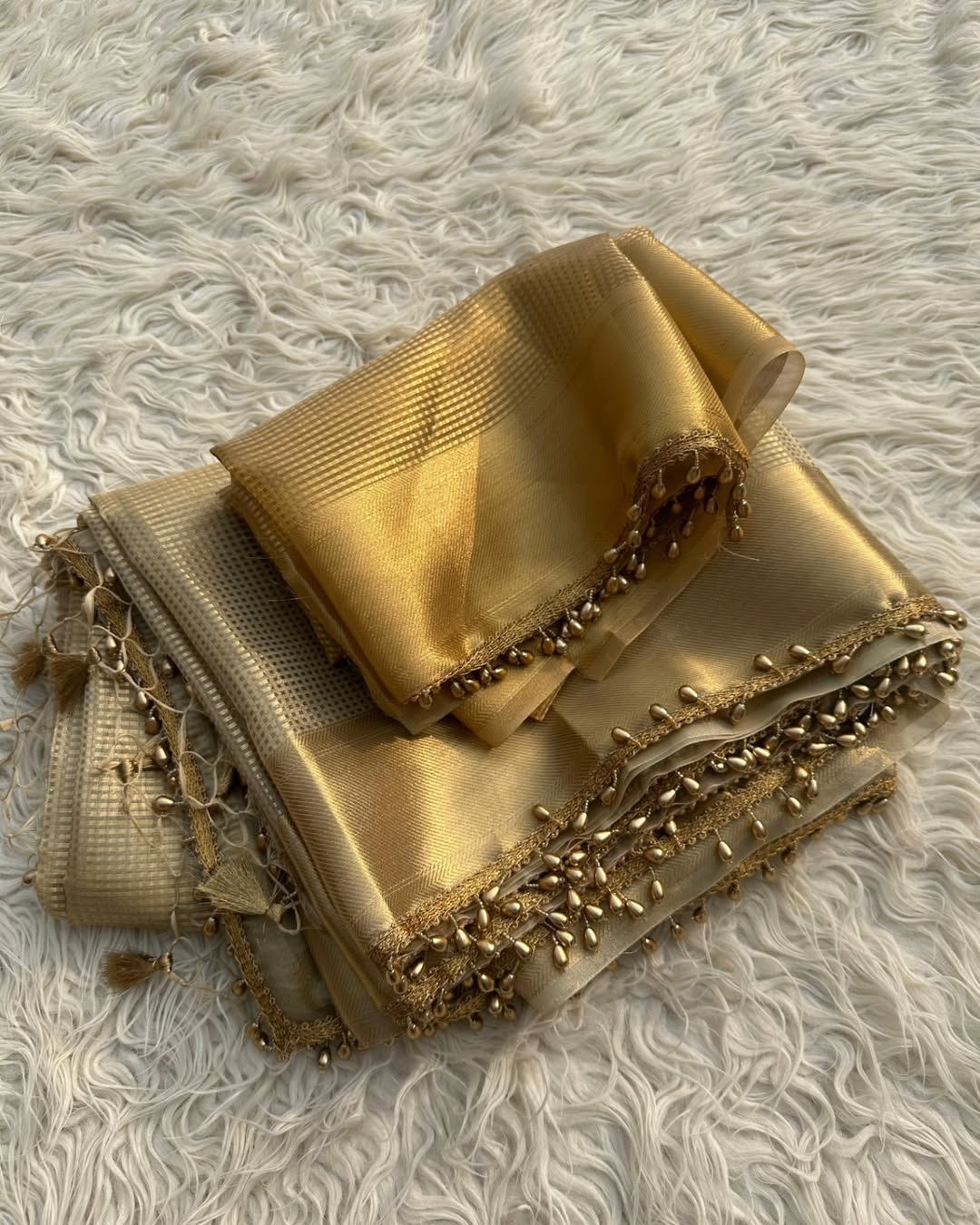 Product Image - Elegant Golden Tissue Silk Saree Inspired by Nayanthara Mam | Designer Antic Gold Border