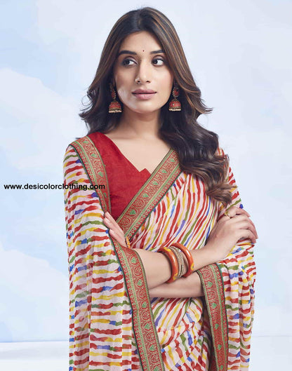 Cream Printed Chiffon Leheriya Saree