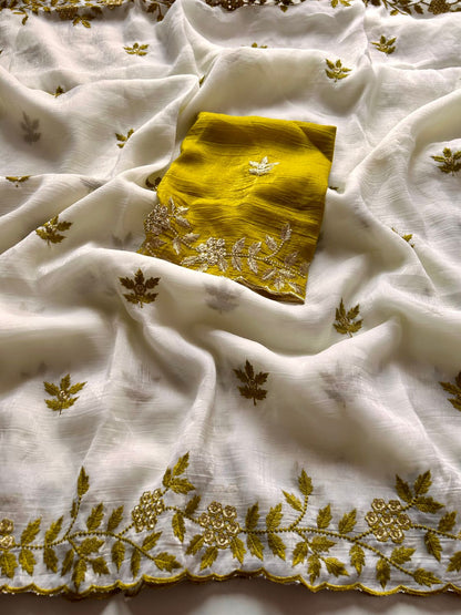 Product Image - Elegant White Silk Designer Saree with Heavy Embroidery