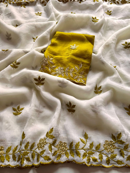 Product Image - Elegant White Silk Designer Saree with Heavy Embroidery