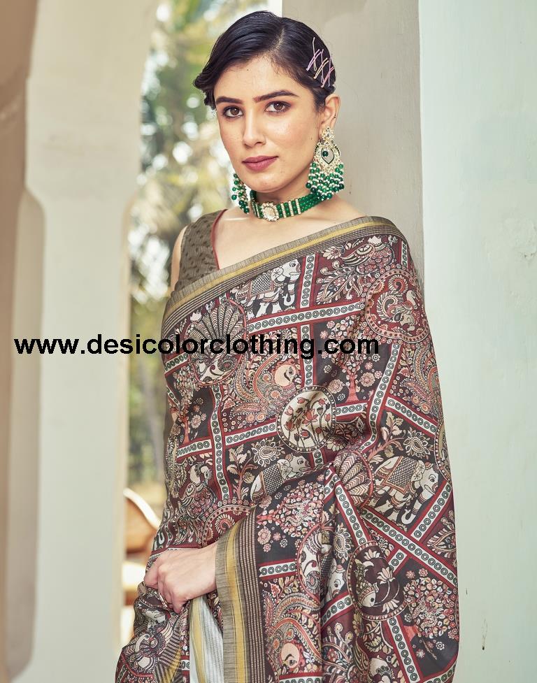 Brown Silk Printed Ready To Wear