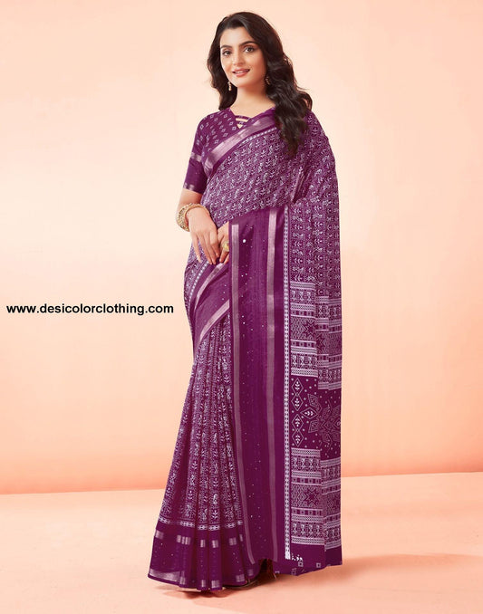 Wine Printed Cotton Saree