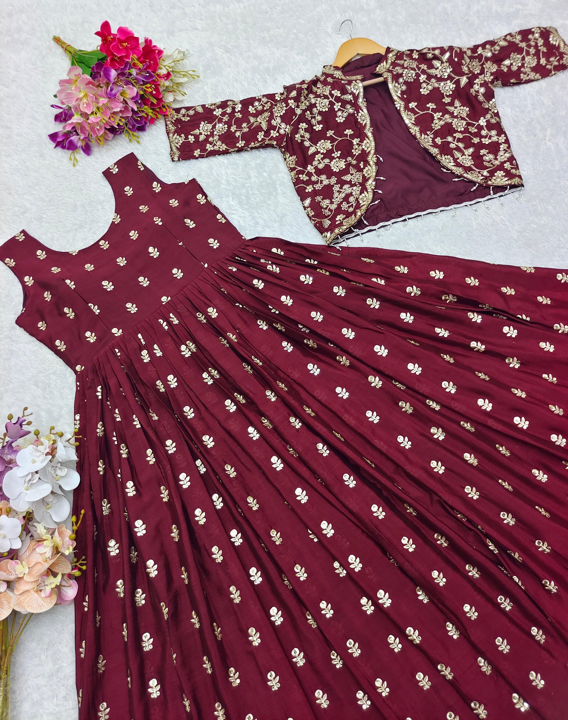 Product Image - Exquisite Cinon Silk Gown-Jacket Set for Festive and Wedding Wear