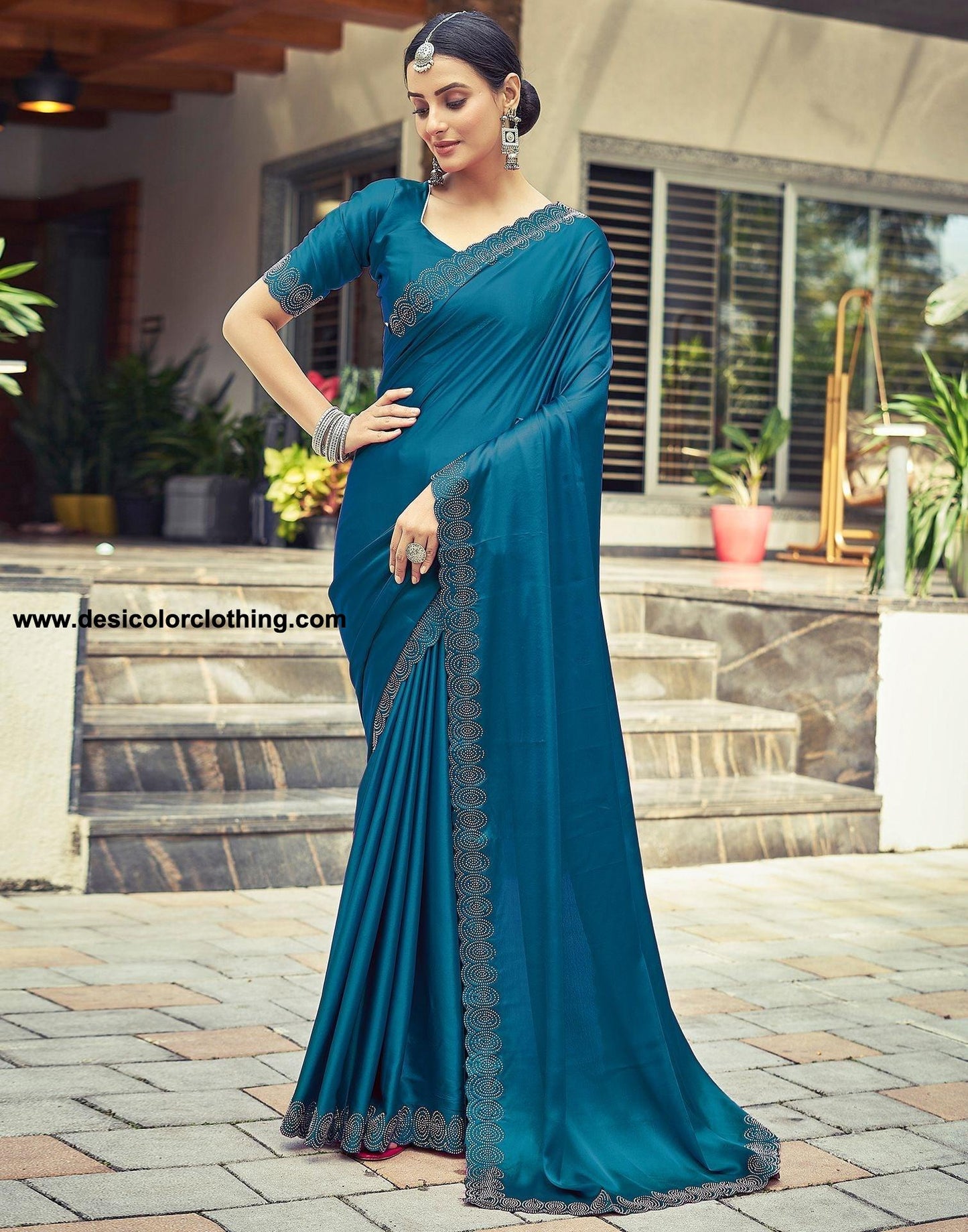 Dark Blue Satin Silk Saree with Stone Work Border & Matching Blouse