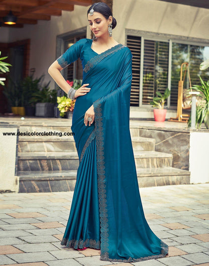Dark Blue Satin Silk Saree with Stone Work Border & Matching Blouse