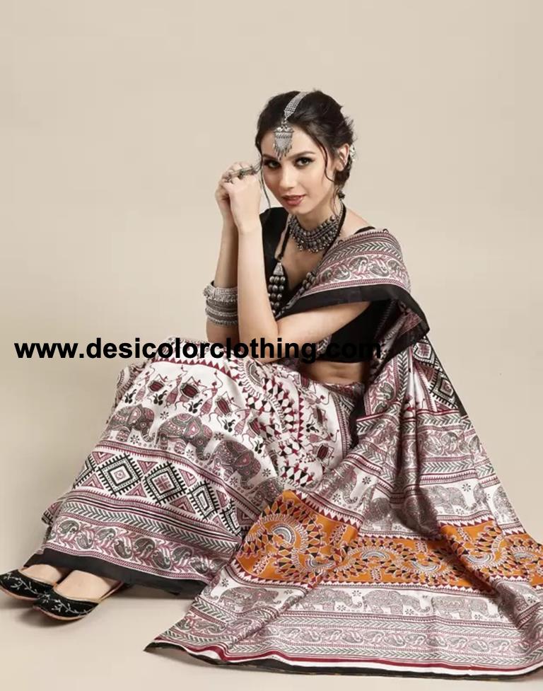 White Silk Printed Sarees