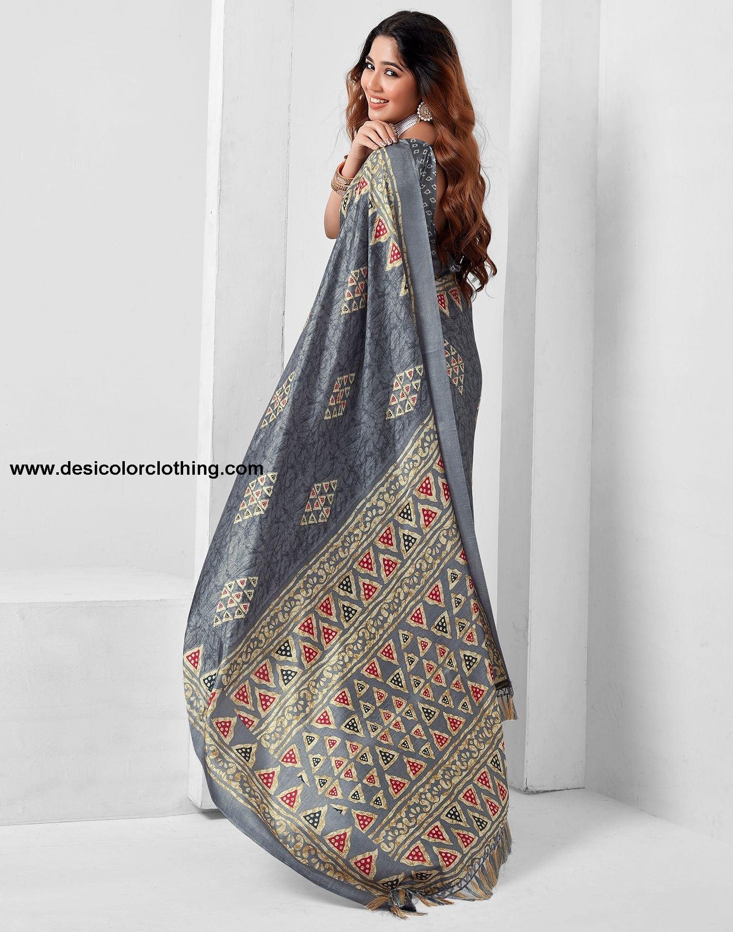 Steel Grey Printed Silk Saree
