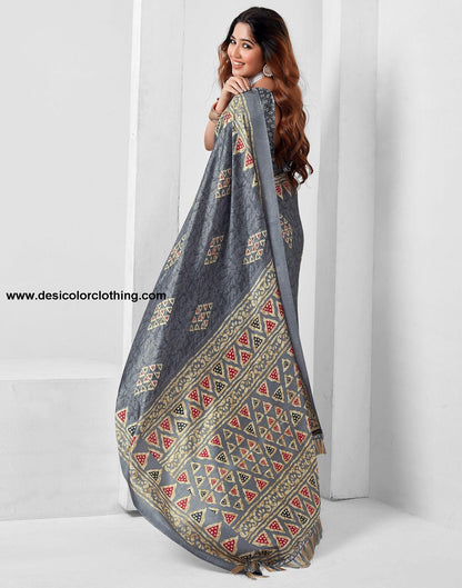 Steel Grey Printed Silk Saree