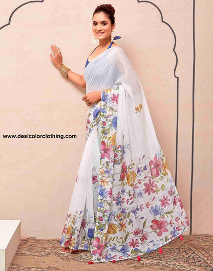 White Cotton Printed Saree