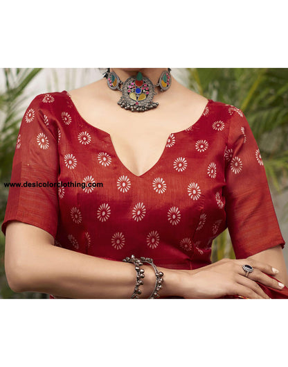 Red Cotton Printed Saree