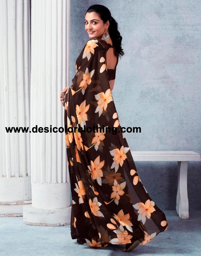 Brown Georgette Printed  Saree