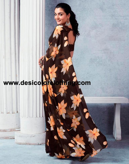 Brown Georgette Printed  Saree