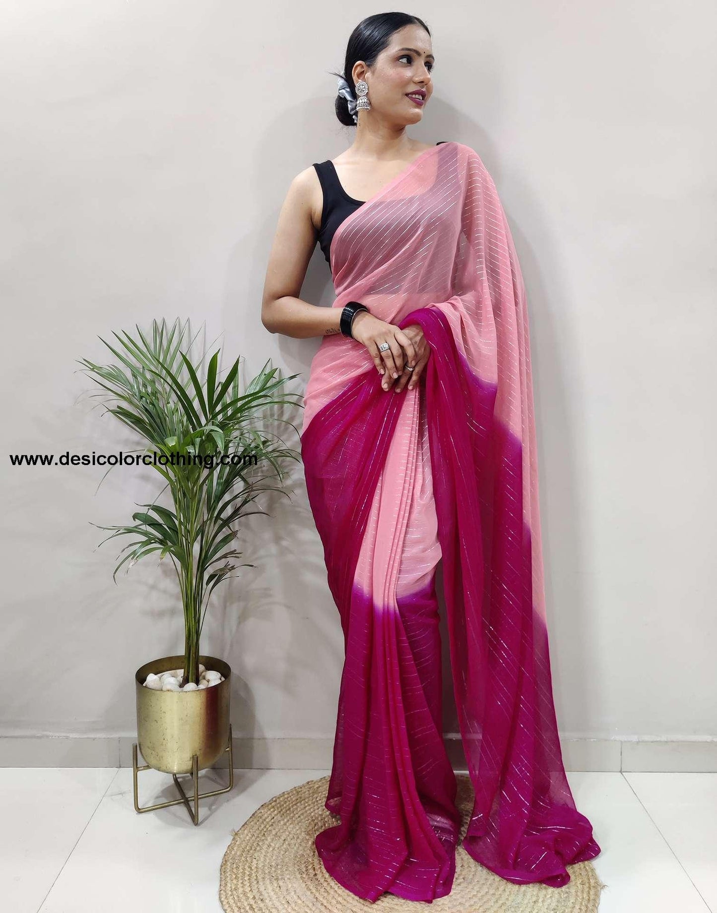 Peach Plain Georgette Pre-draped Saree