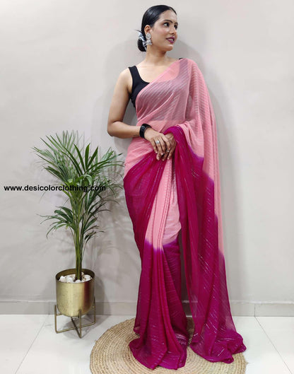 Peach Plain Georgette Pre-draped Saree