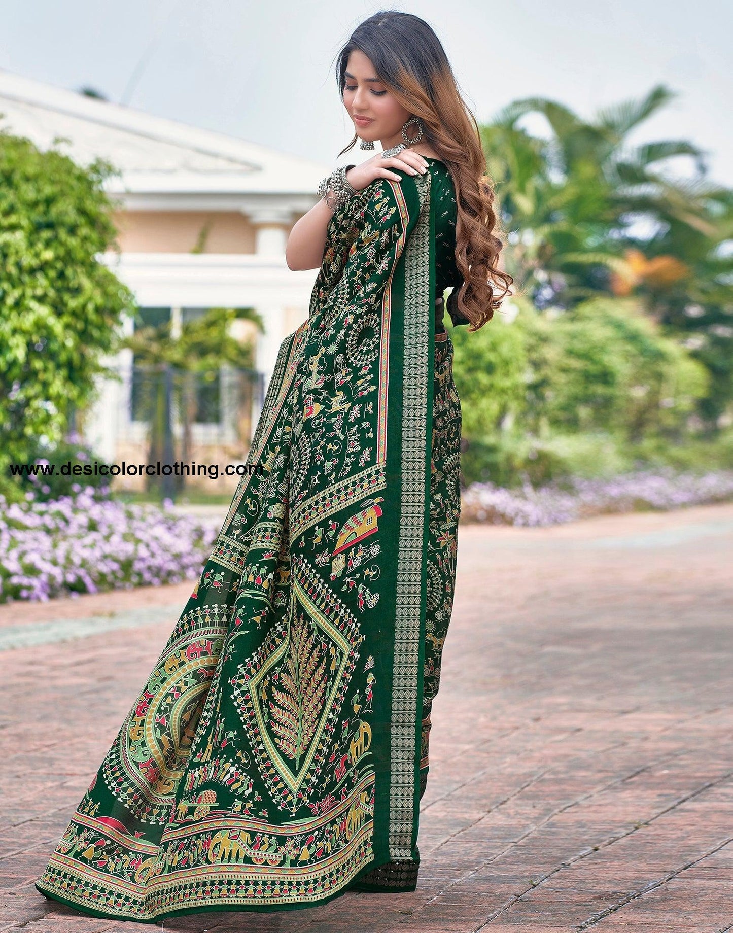 Bottle Green Silk Printed Saree