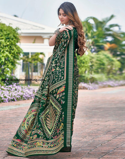 Bottle Green Silk Printed Saree