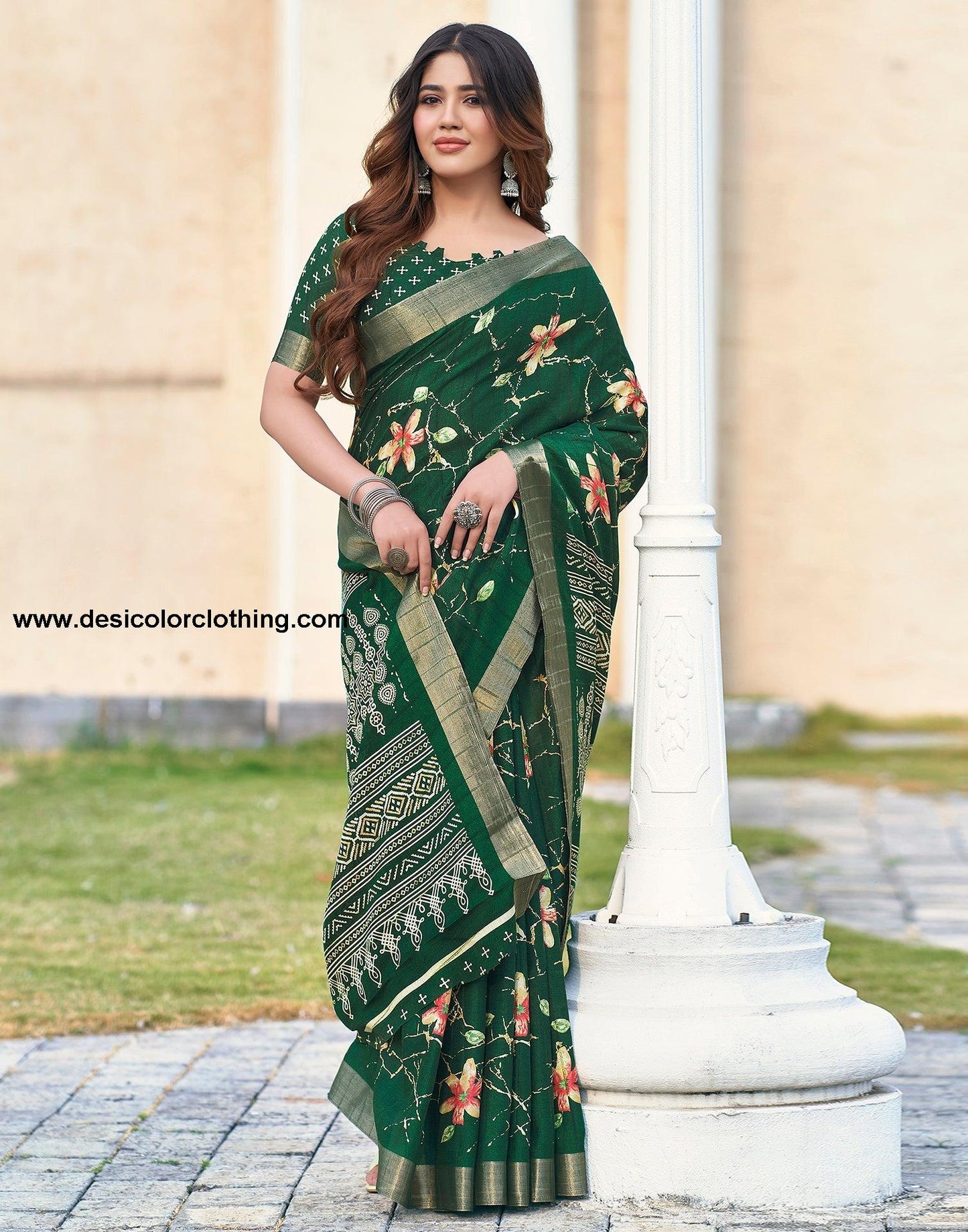 Bottle Green Silk Printed Saree