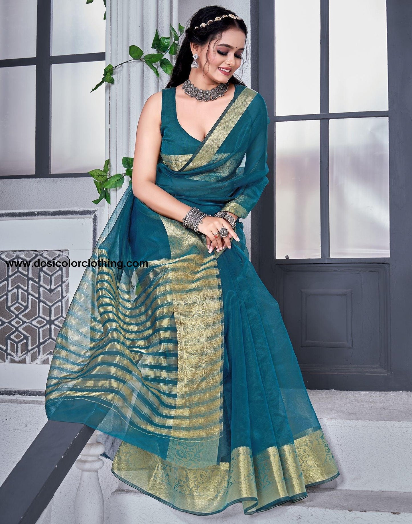 Teal Blue Plain Organza Saree