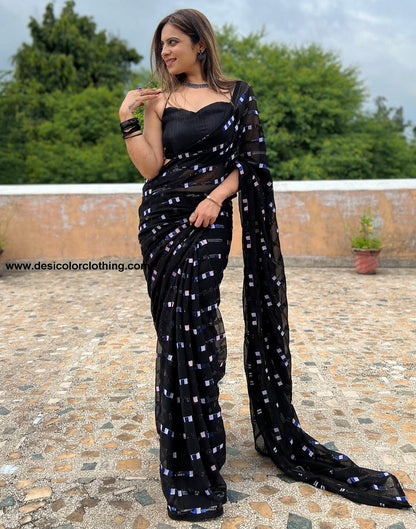 Black Georgette Plain Saree