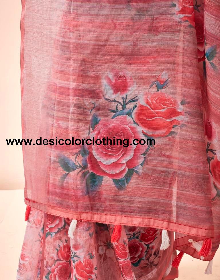 Rose Pink Linen Printed Sarees