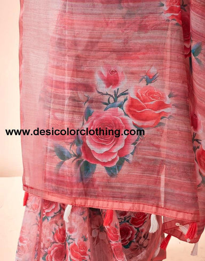 Rose Pink Linen Printed Sarees
