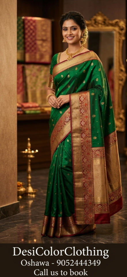 Product Image - Elegant Green Saree with Red Border - Premium Kachipuram Silk - 1