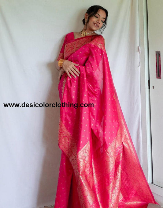 Pink And Golden Banarasi Silk Saree