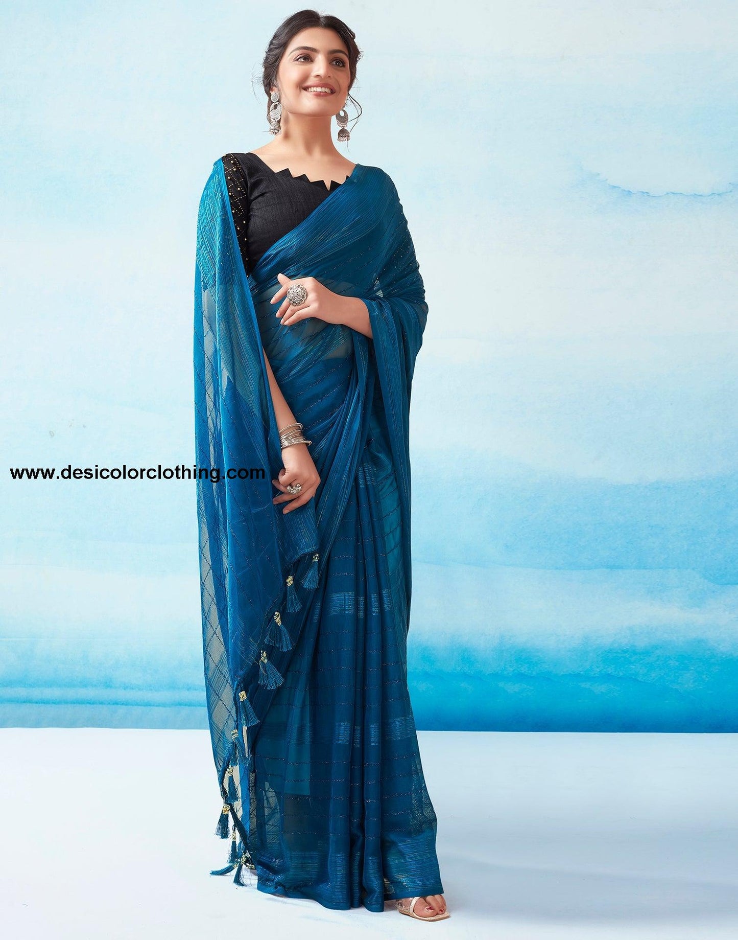 Sea Blue Georgette Plain Saree