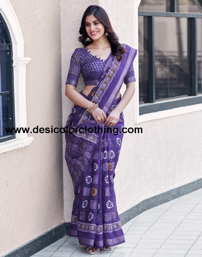 Deep Violet Cotton Printed Saree