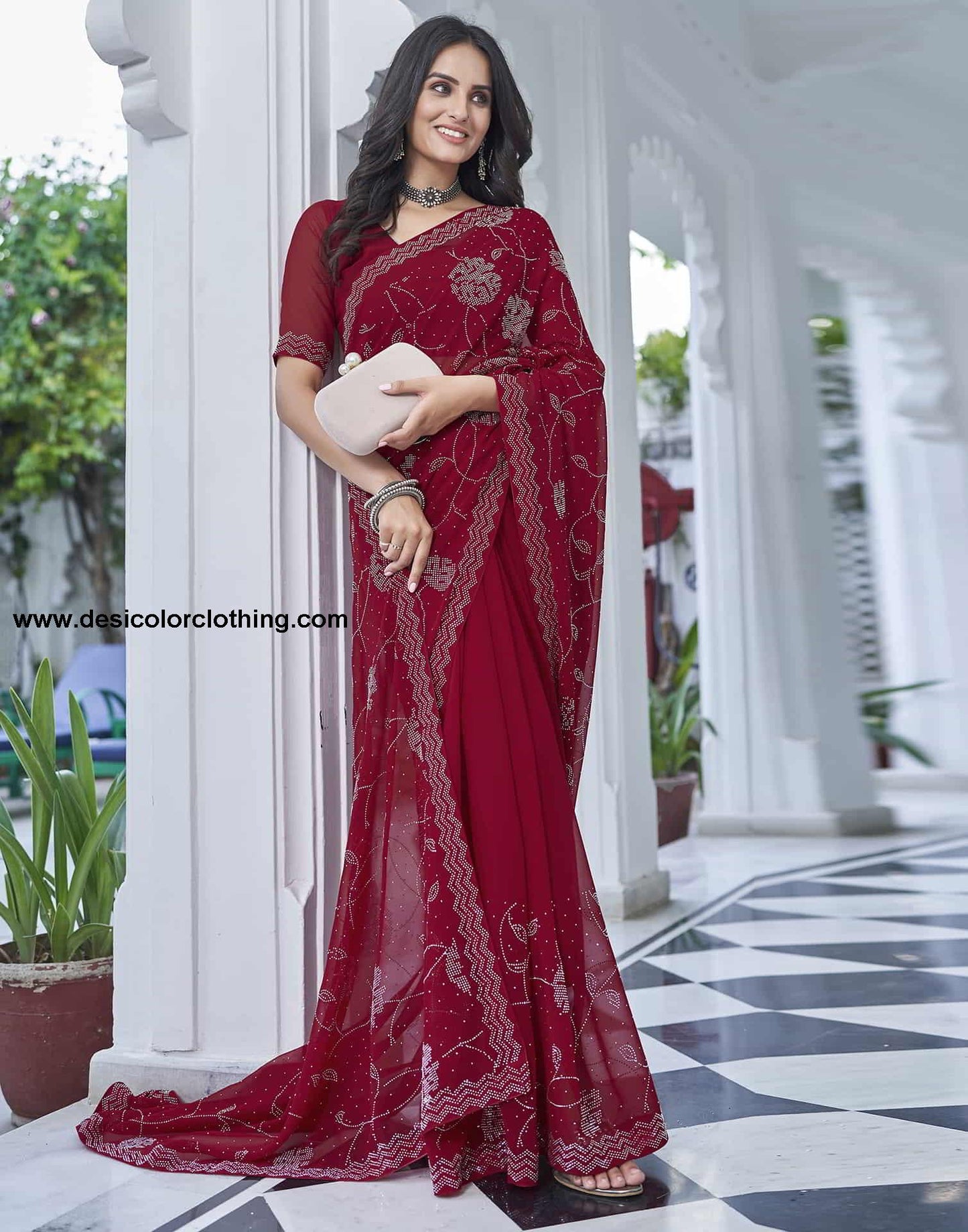 Red Swarovski Georgette Stone Work Saree