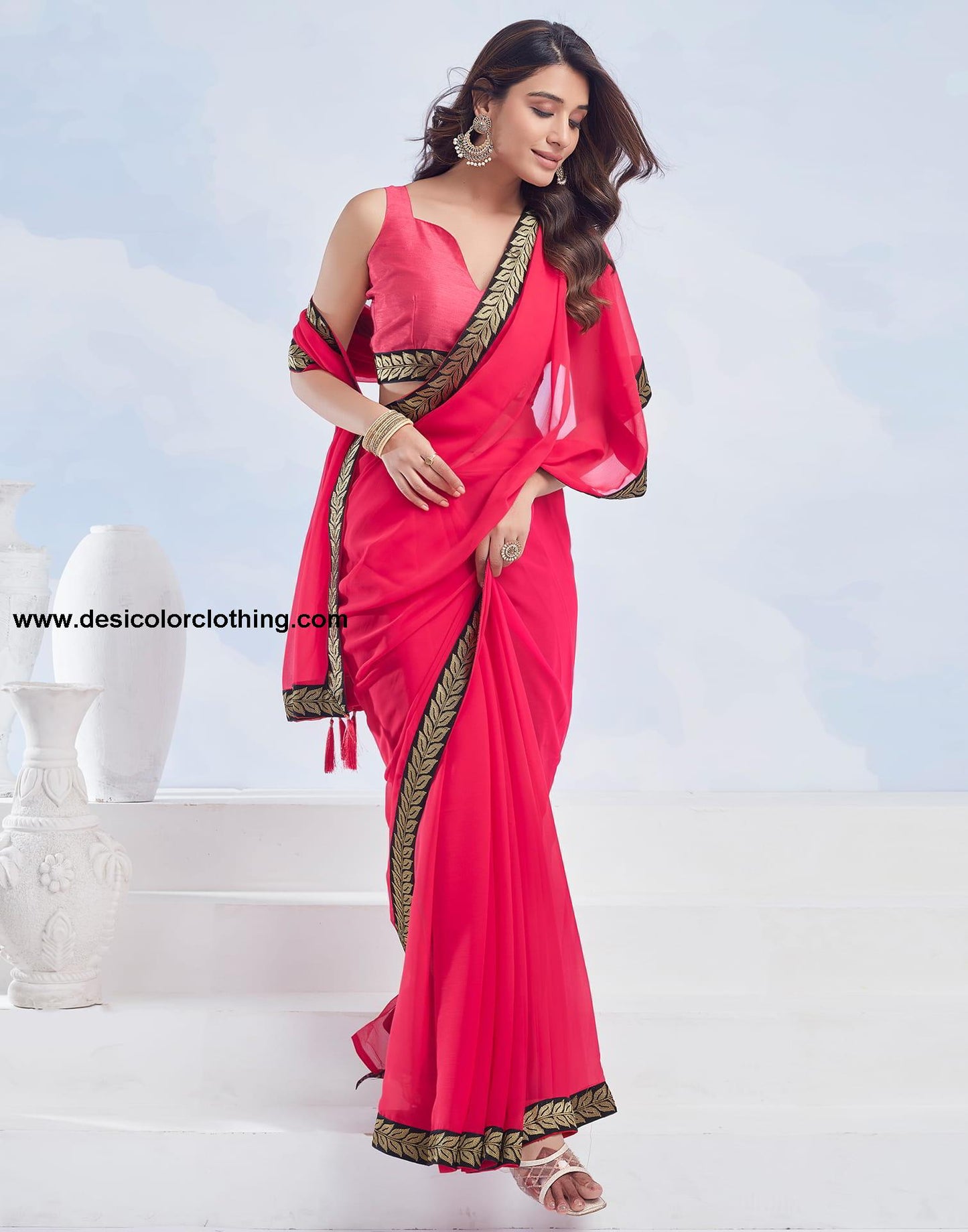 Red Plain Georgette Saree