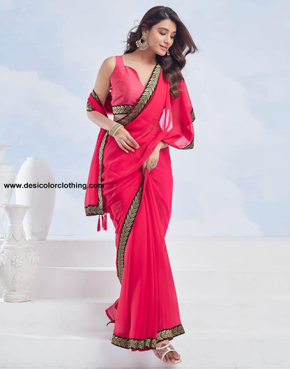 Red Plain Georgette Saree