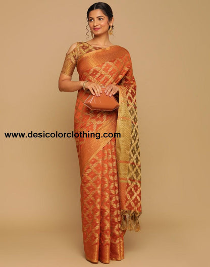 Orange Coloured Banarasi Cotton Silk Saree