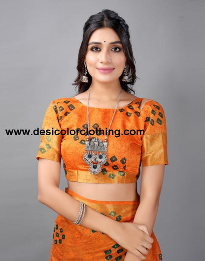 Dark Orange Bandhani Cotton Saree