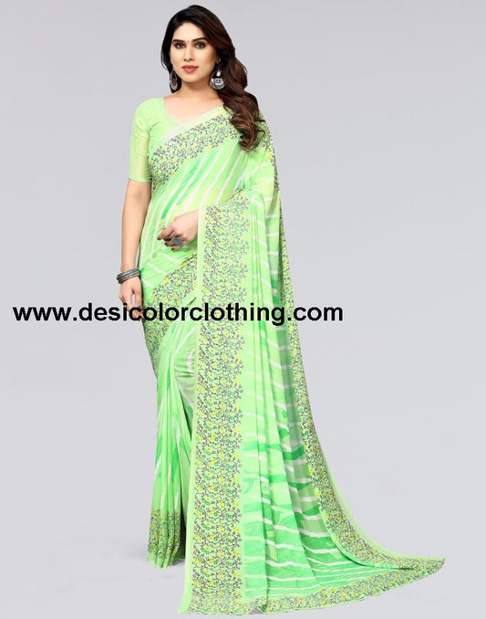 Parrot Green Printed Georgette Saree