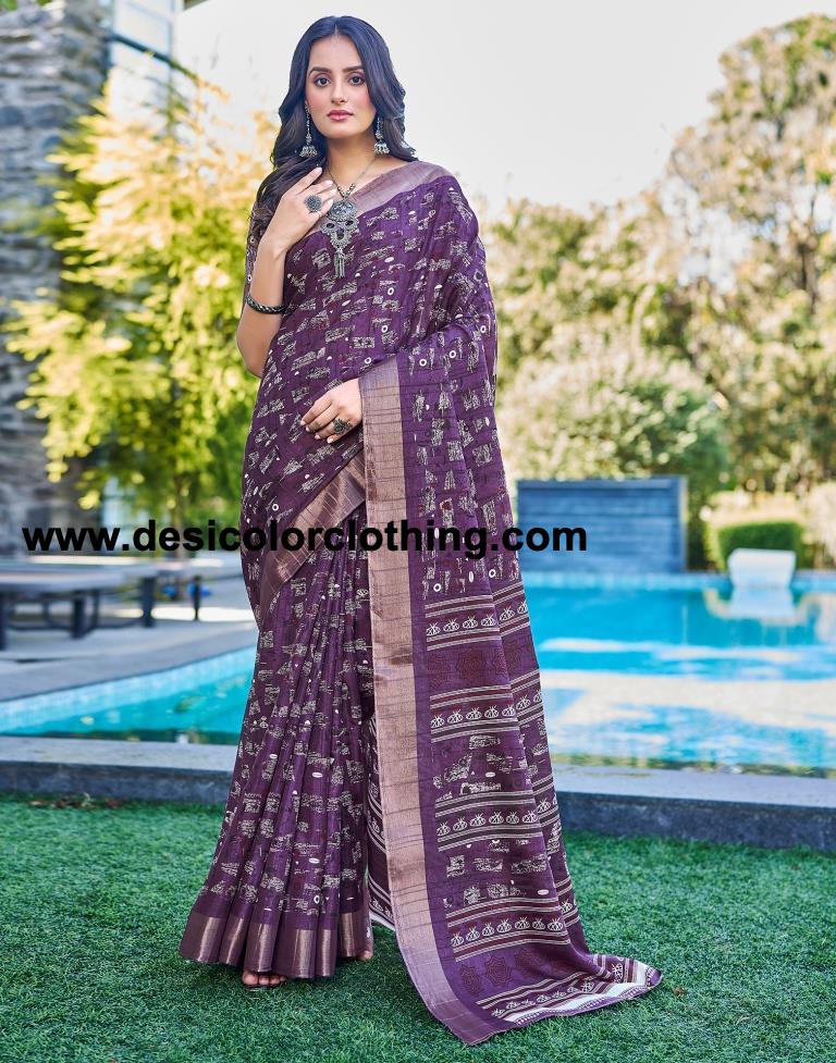 Deep Purple Silk Printed Saree