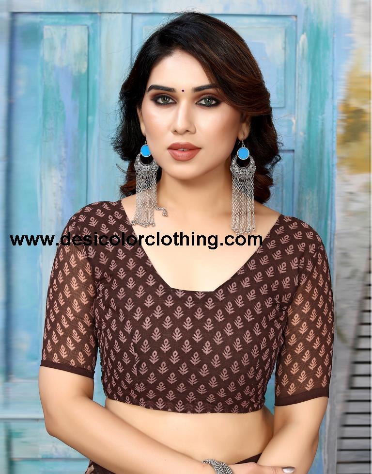 Brown Chiffon Printed Saree